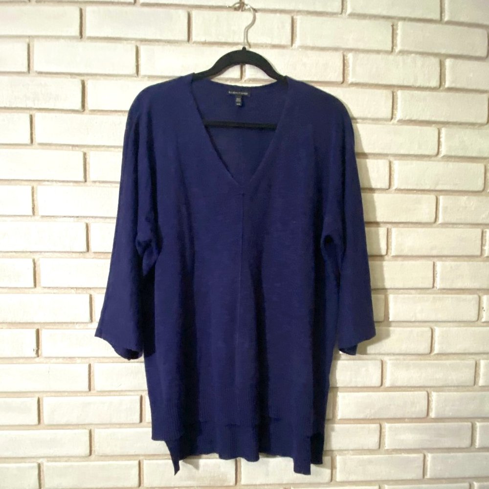 EILLEEN FISHER Navy Linen Organic Cotton V-neck Sweater